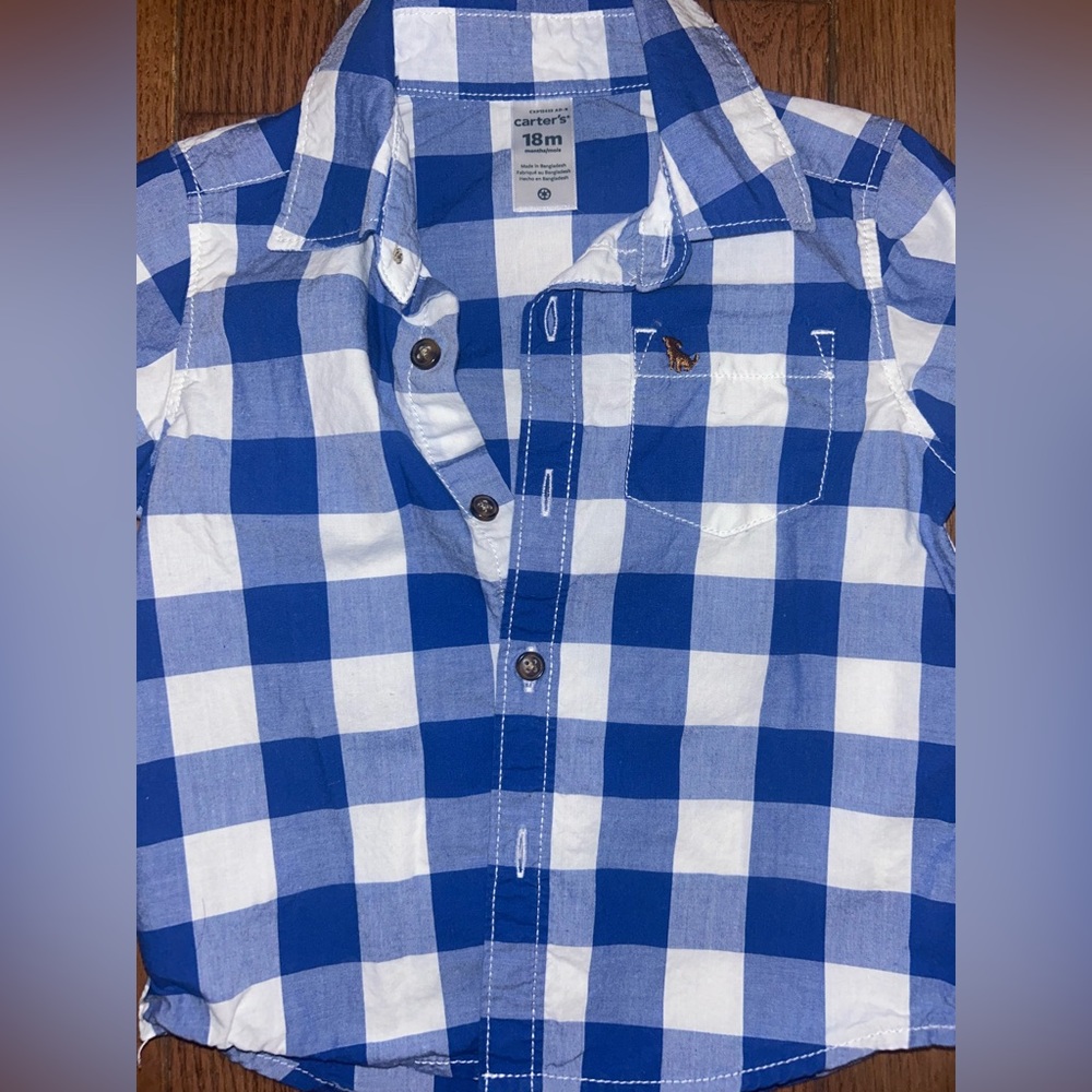 Blue Plaid Button-Down Flannel Shirt,18M - Picture 3 of 4